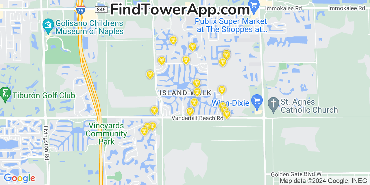 AT&T 4G/5G cell tower coverage map Island Walk, Florida