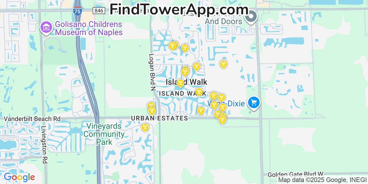 Map showing the 20 primary cell tower locations detected in Island Walk, Florida from AT&T, Verizon, and T-Mobile networks