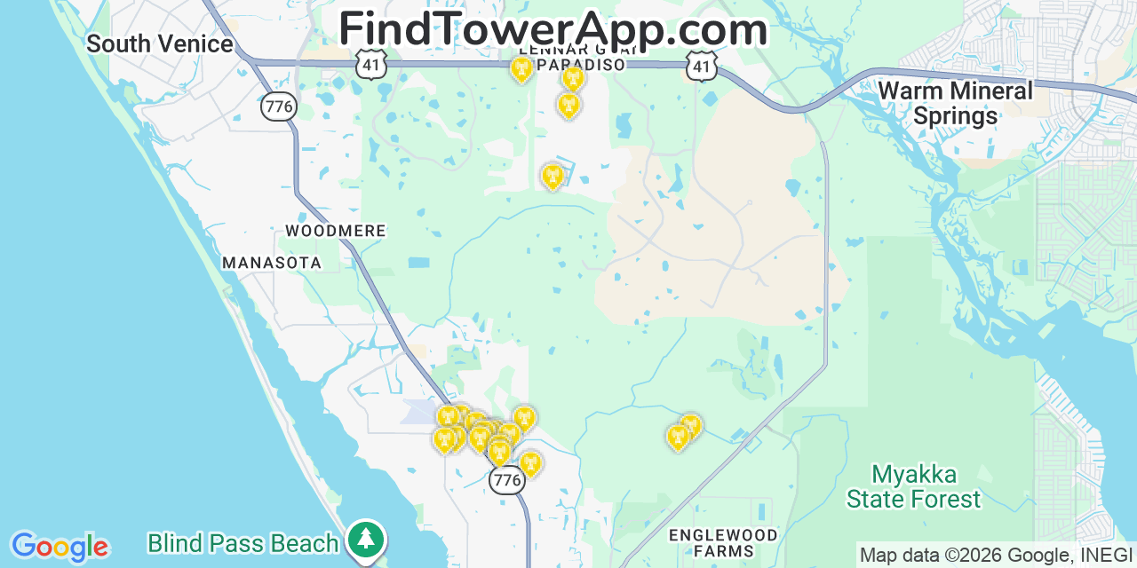 Map showing the 20 primary cell tower locations detected in Island Walk, Florida from AT&T, Verizon, and T-Mobile networks
