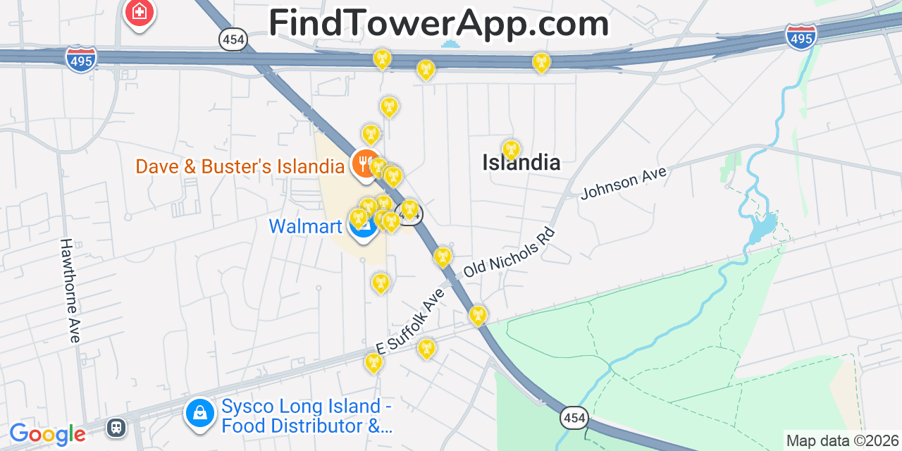 Map showing the 20 primary cell tower locations detected in Islandia, New York from AT&T, Verizon, and T-Mobile networks