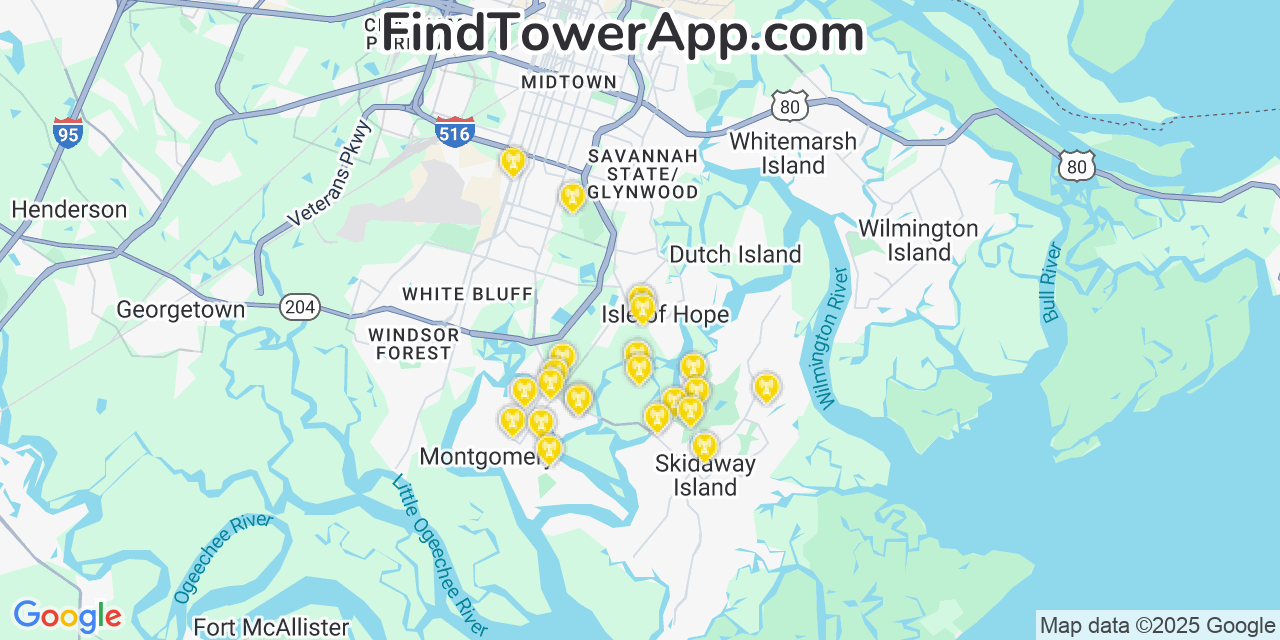Map showing the 21 primary AT&T cell tower locations detected in Isle Of Hope, Georgia with coverage radius and signal strength indicators