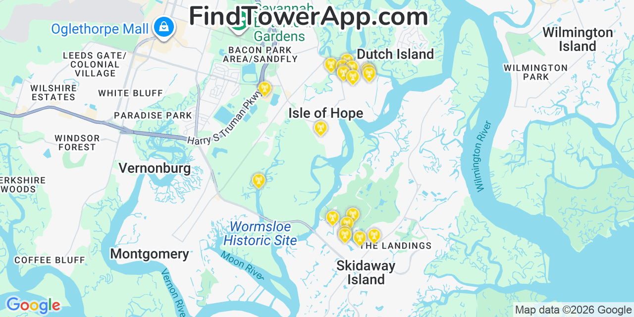 Map showing the 20 primary cell tower locations detected in Isle Of Hope, Georgia from AT&T, Verizon, and T-Mobile networks