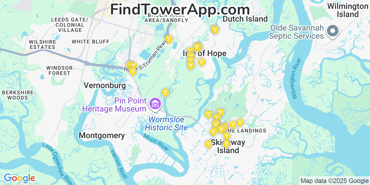 Map showing the 27 primary T-Mobile cell tower locations detected in Isle Of Hope, Georgia with coverage radius and signal strength indicators