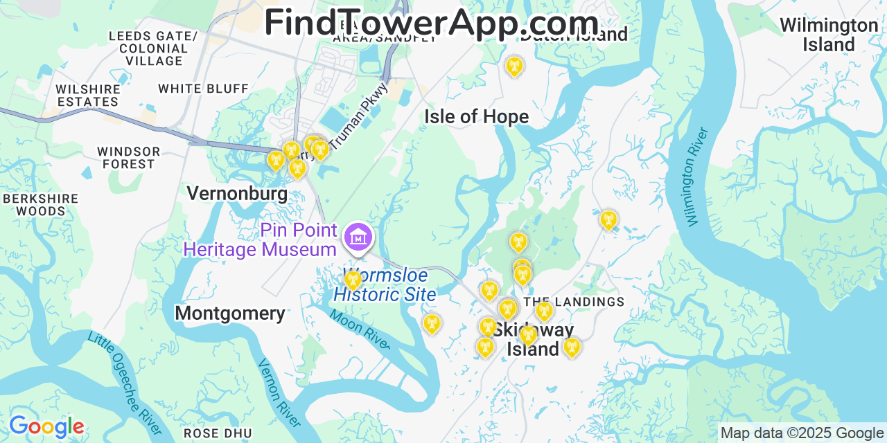 Map showing the 23 primary Verizon cell tower locations detected in Isle Of Hope, Georgia with coverage radius and signal strength indicators