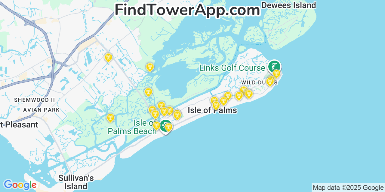 Map showing the 39 primary AT&T cell tower locations detected in Isle Of Palms, South Carolina with coverage radius and signal strength indicators