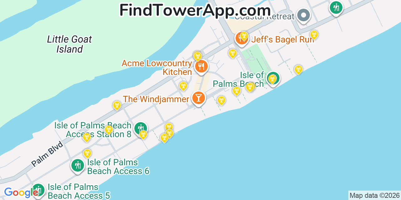 Map showing the 20 primary cell tower locations detected in Isle Of Palms, South Carolina from AT&T, Verizon, and T-Mobile networks