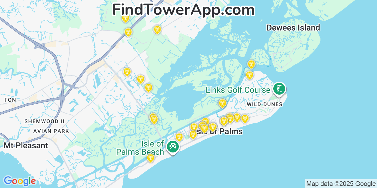 Map showing the 28 primary T-Mobile cell tower locations detected in Isle Of Palms, South Carolina with coverage radius and signal strength indicators