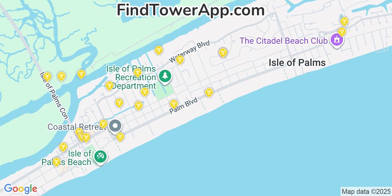 Map showing the 35 primary Verizon cell tower locations detected in Isle Of Palms, South Carolina with coverage radius and signal strength indicators