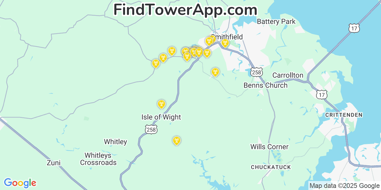 Map showing the 30 primary AT&T cell tower locations detected in Isle Of Wight, Virginia with coverage radius and signal strength indicators