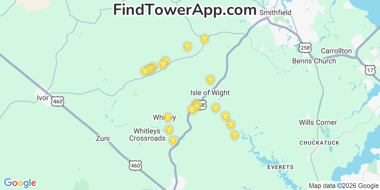 Map showing the 20 primary cell tower locations detected in Isle Of Wight, Virginia from AT&T, Verizon, and T-Mobile networks