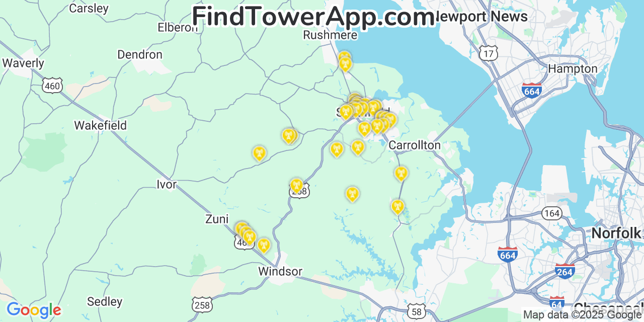 Map showing the 27 primary T-Mobile cell tower locations detected in Isle Of Wight, Virginia with coverage radius and signal strength indicators