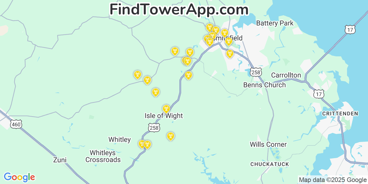 Map showing the 36 primary Verizon cell tower locations detected in Isle Of Wight, Virginia with coverage radius and signal strength indicators