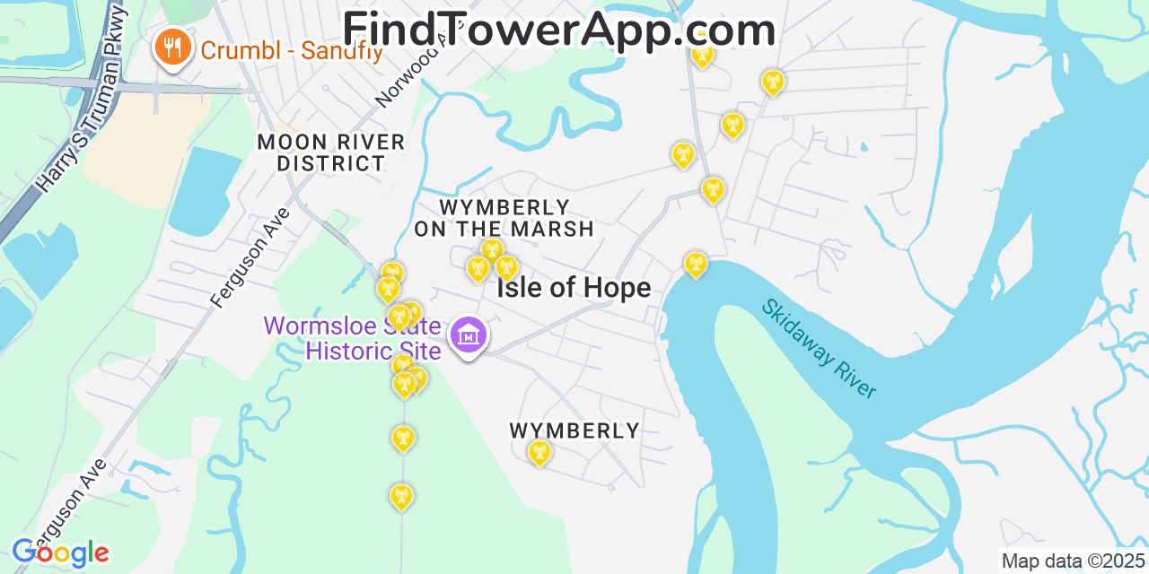Map showing the 20 primary cell tower locations detected in Isle of Hope, Georgia from AT&T, Verizon, and T-Mobile networks