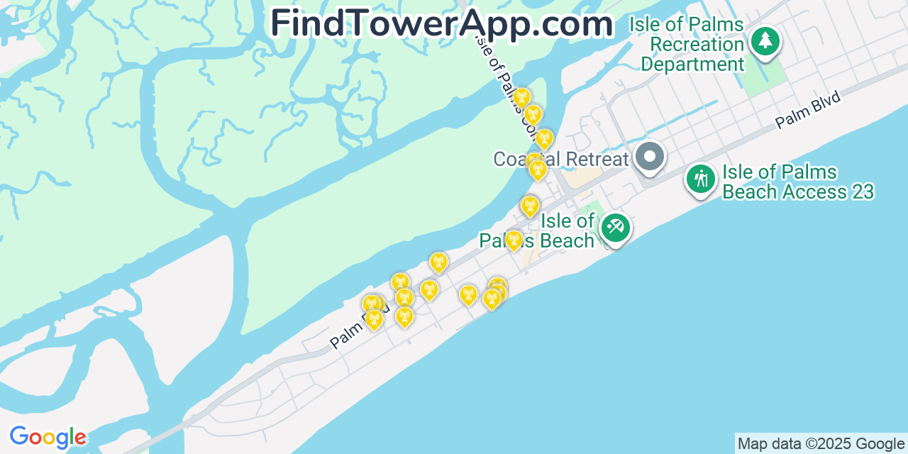 Map showing the 20 primary cell tower locations detected in Isle of Palms, South Carolina from AT&T, Verizon, and T-Mobile networks