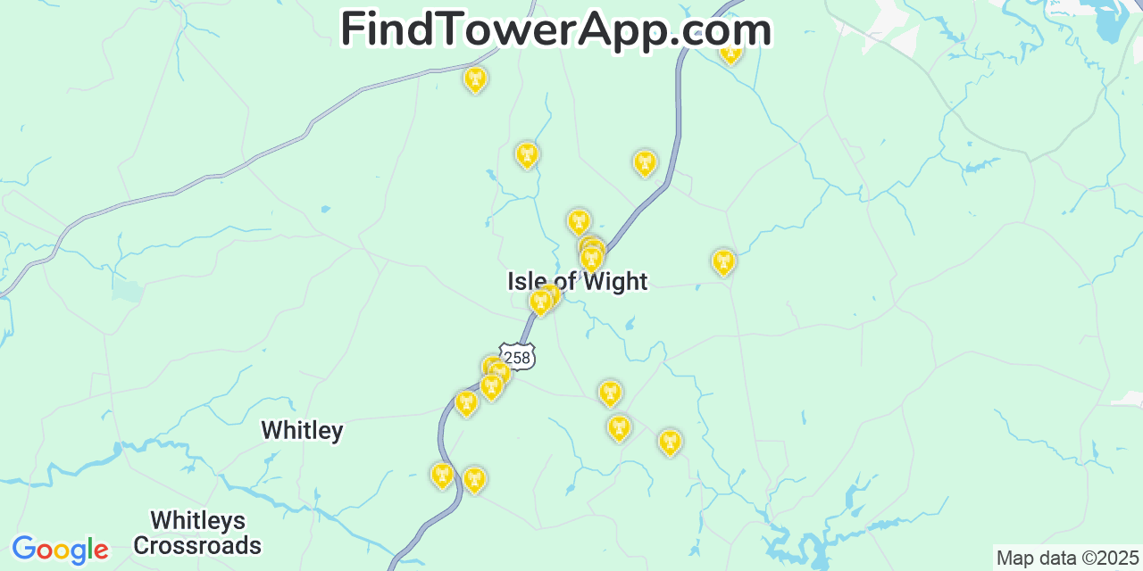 Map showing the 20 primary cell tower locations detected in Isle of Wight, Virginia from AT&T, Verizon, and T-Mobile networks