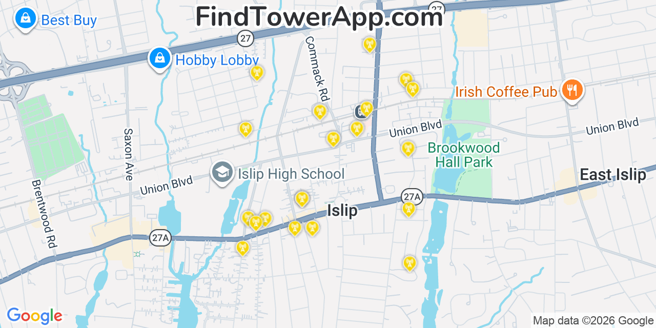 Map showing the 20 primary cell tower locations detected in Islip, New York from AT&T, Verizon, and T-Mobile networks
