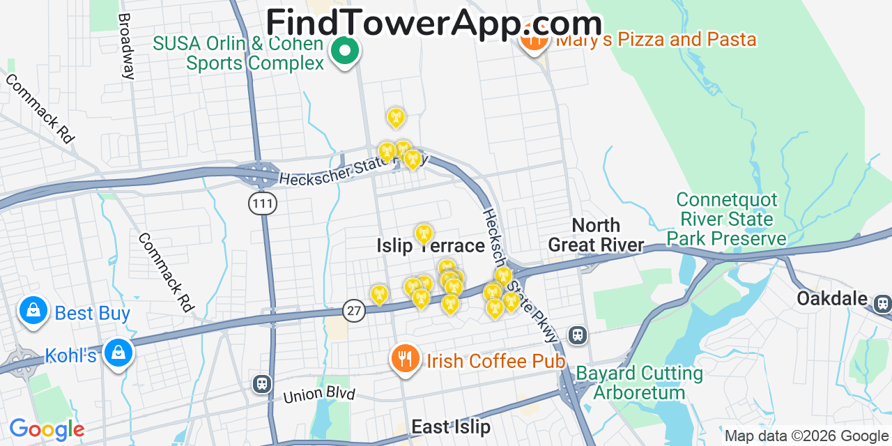 Map showing the 20 primary cell tower locations detected in Islip Terrace, New York from AT&T, Verizon, and T-Mobile networks