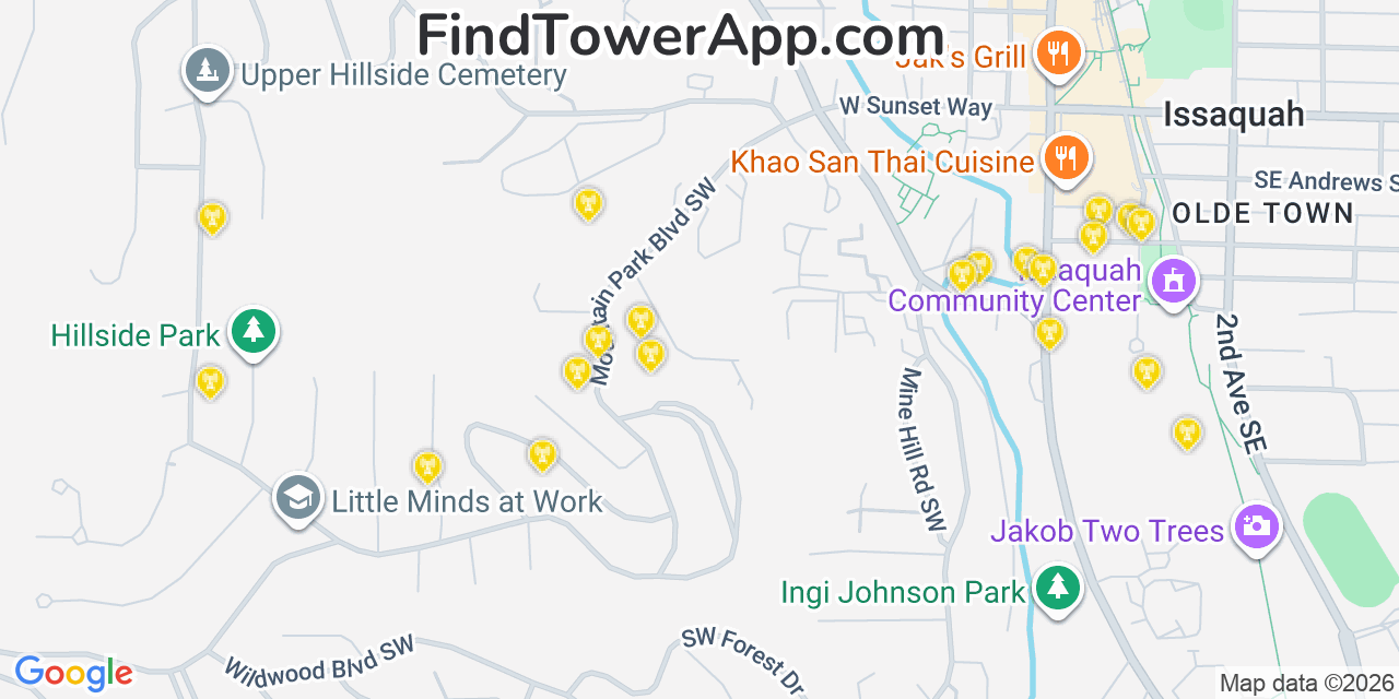 Map showing the 20 primary cell tower locations detected in Issaquah, Washington from AT&T, Verizon, and T-Mobile networks