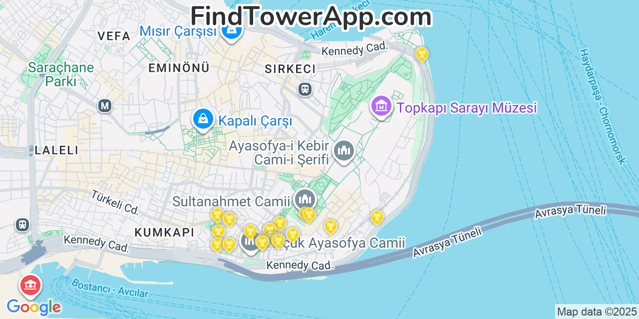 Map showing the 20 primary cell tower locations detected in Istanbul, Turkey with coverage areas and signal strength