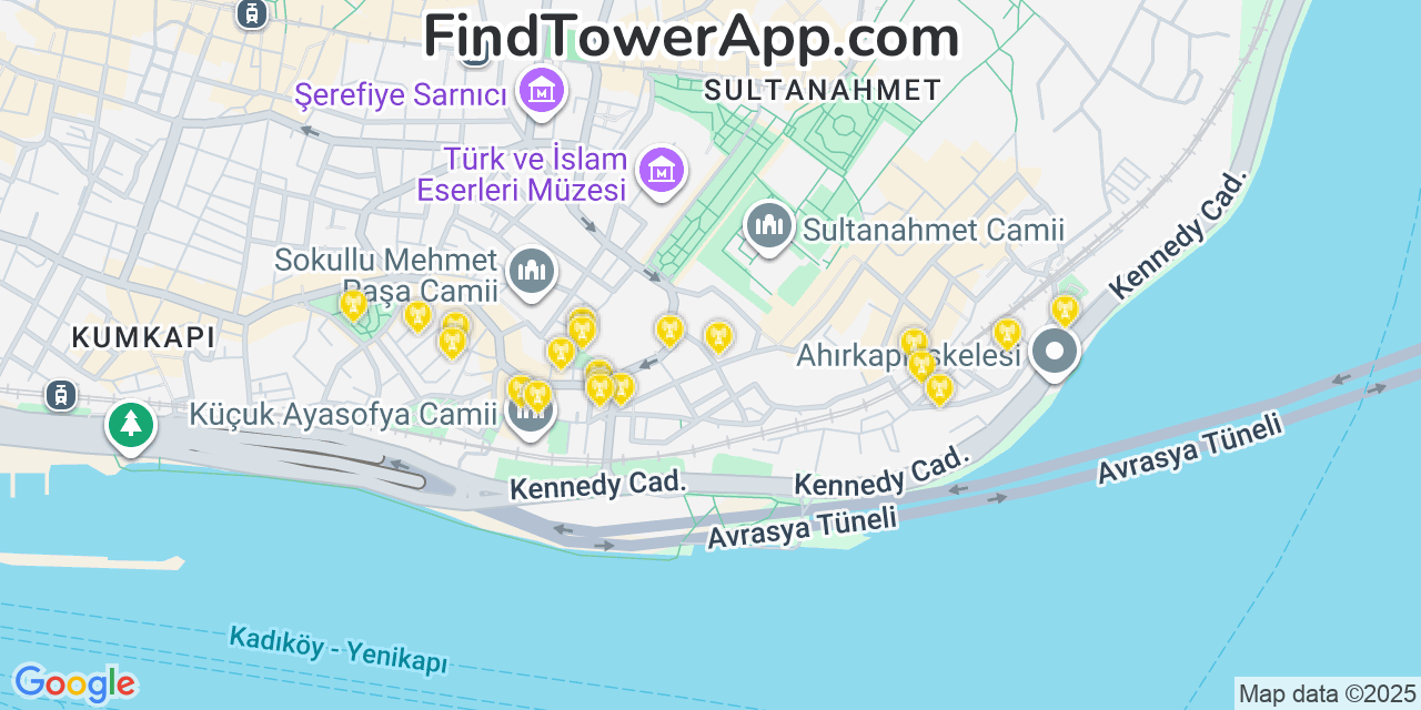 Map showing the 20 primary Türk Telekom cell tower locations in Istanbul, Turkey