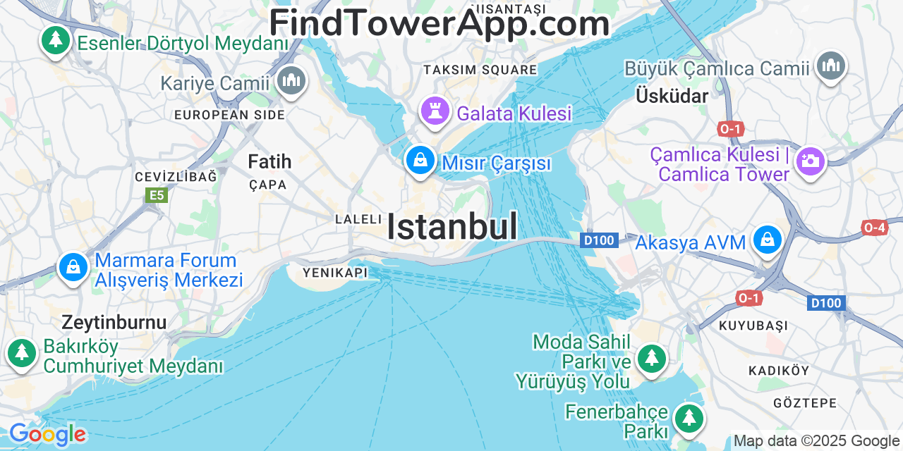 Map showing the 0 primary Vodafone cell tower locations detected in Istanbul, Turkey with coverage radius and signal strength indicators