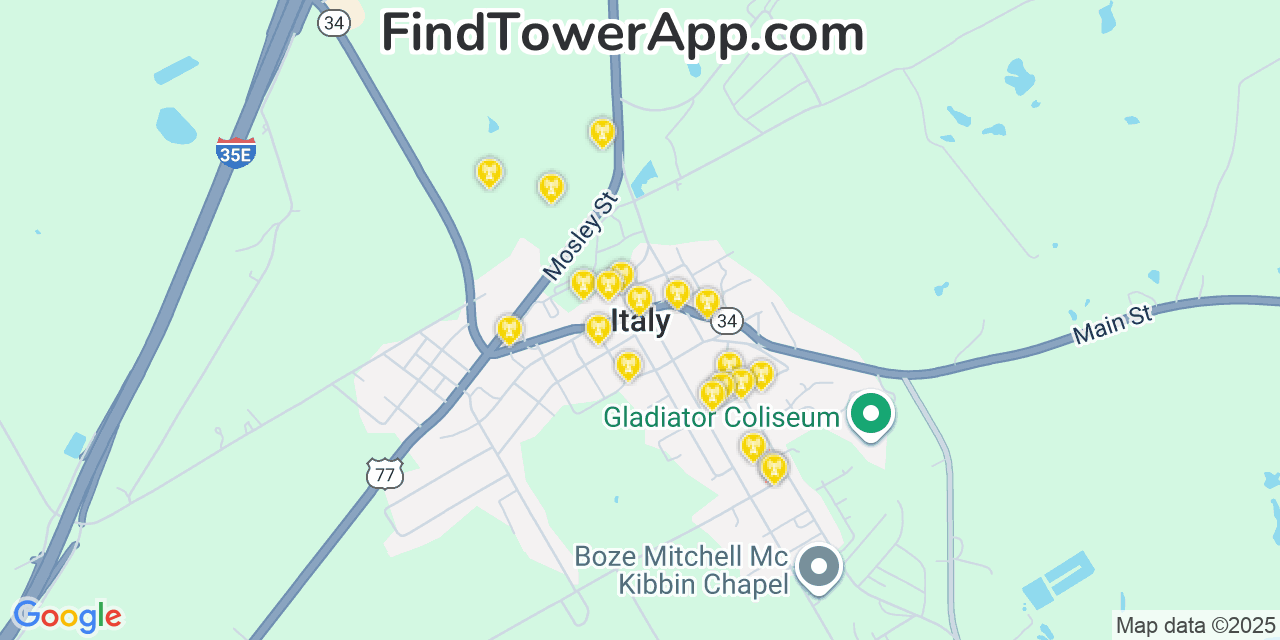Map showing the 20 primary cell tower locations detected in Italy, Texas from AT&T, Verizon, and T-Mobile networks