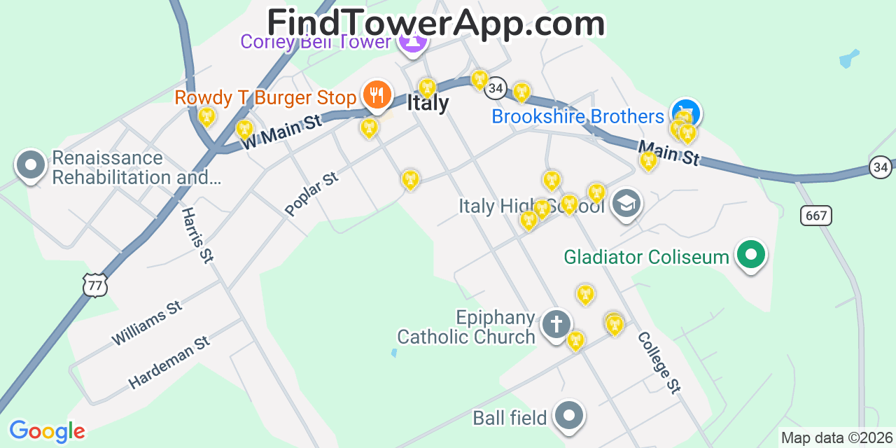 Map showing the 20 primary cell tower locations detected in Italy, Texas from AT&T, Verizon, and T-Mobile networks