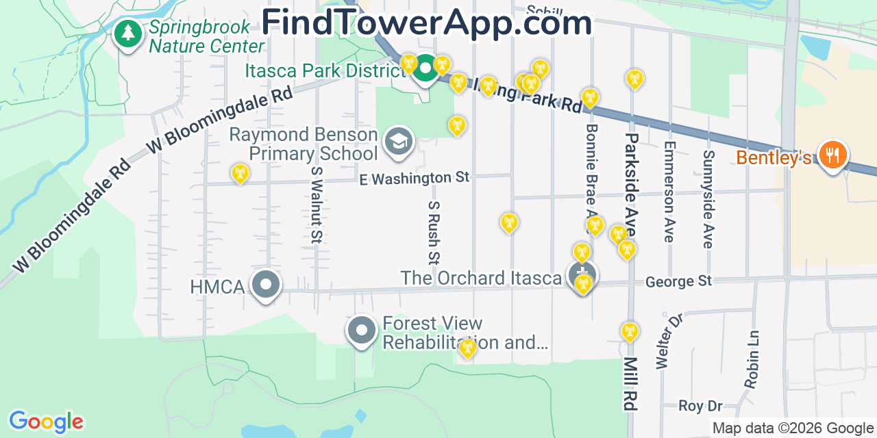 Map showing the 20 primary cell tower locations detected in Itasca, Illinois from AT&T, Verizon, and T-Mobile networks