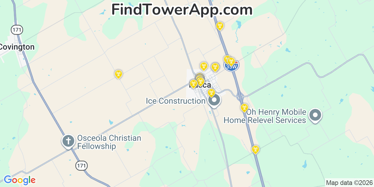Map showing the 20 primary cell tower locations detected in Itasca, Texas from AT&T, Verizon, and T-Mobile networks
