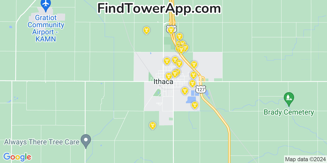 AT&T 4G/5G cell tower coverage map Ithaca, Michigan