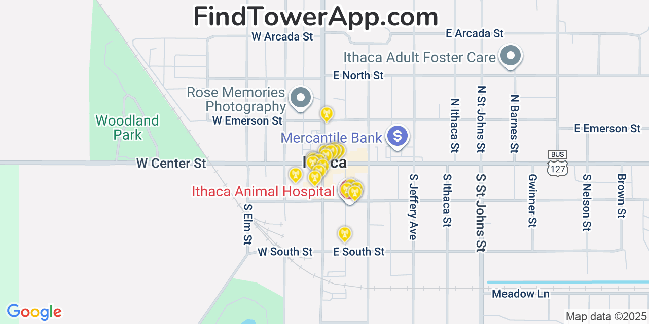 Map showing the 20 primary cell tower locations detected in Ithaca, Michigan from AT&T, Verizon, and T-Mobile networks