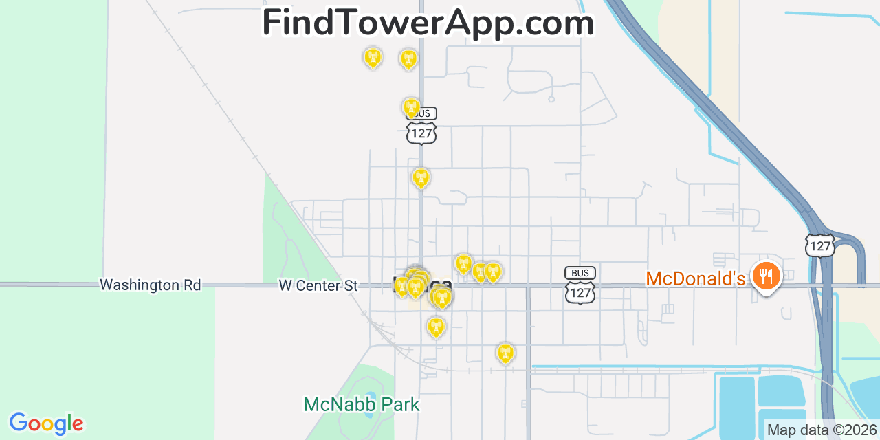 Map showing the 20 primary cell tower locations detected in Ithaca, Michigan from AT&T, Verizon, and T-Mobile networks