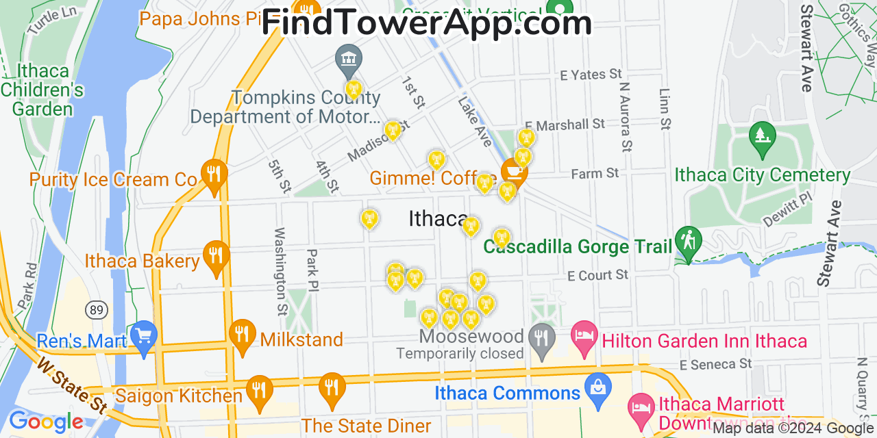 AT&T 4G/5G cell tower coverage map Ithaca, New York