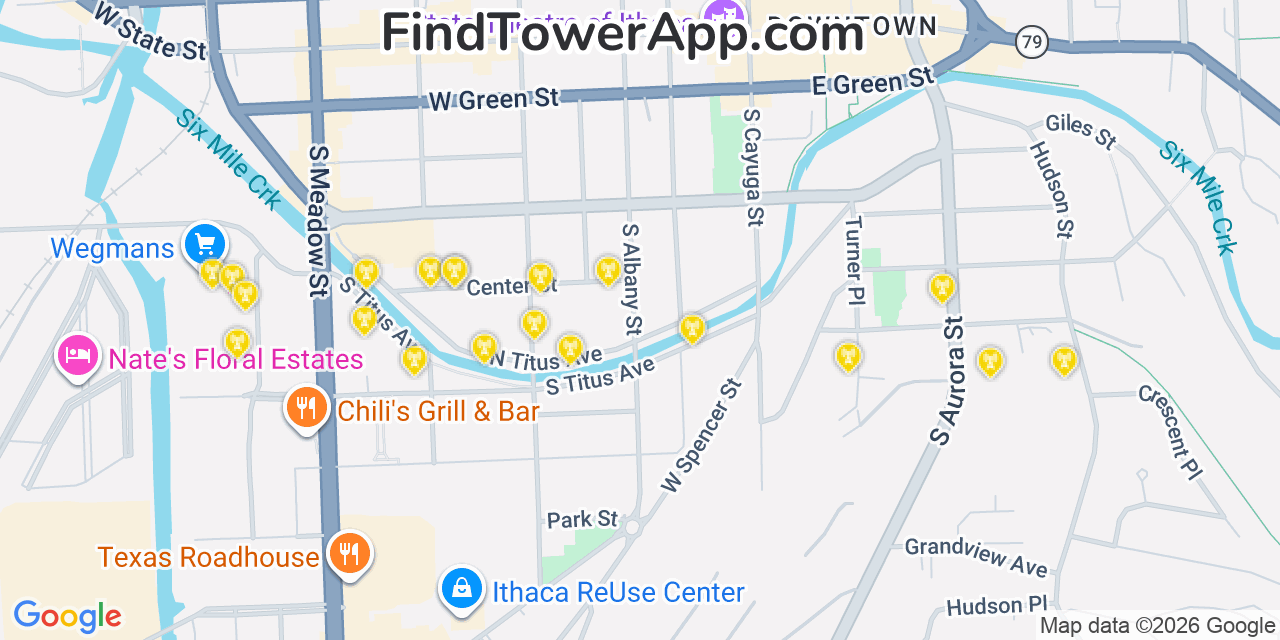 Map showing the 20 primary cell tower locations detected in Ithaca, New York from AT&T, Verizon, and T-Mobile networks