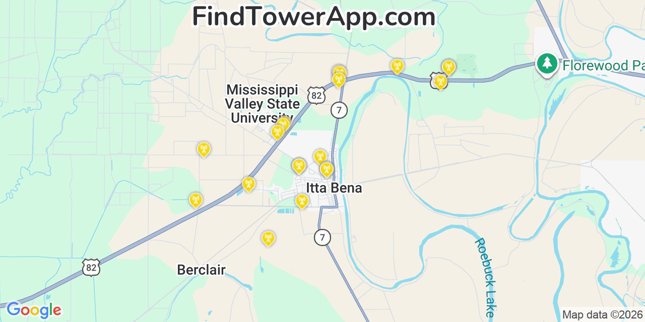Map showing the 20 primary cell tower locations detected in Itta Bena, Mississippi from AT&T, Verizon, and T-Mobile networks
