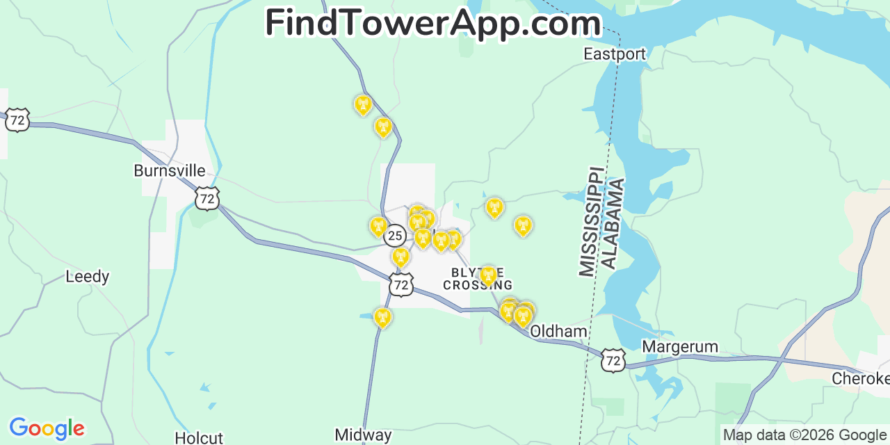 Map showing the 20 primary cell tower locations detected in Iuka, Mississippi from AT&T, Verizon, and T-Mobile networks