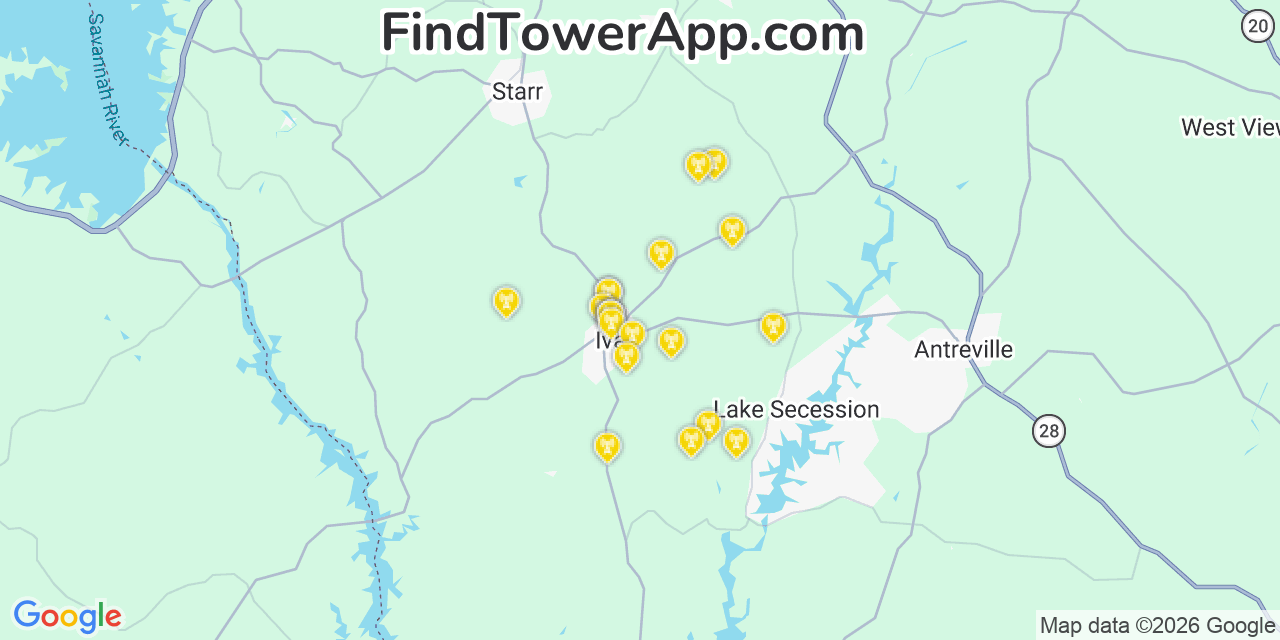 Map showing the 20 primary cell tower locations detected in Iva, South Carolina from AT&T, Verizon, and T-Mobile networks