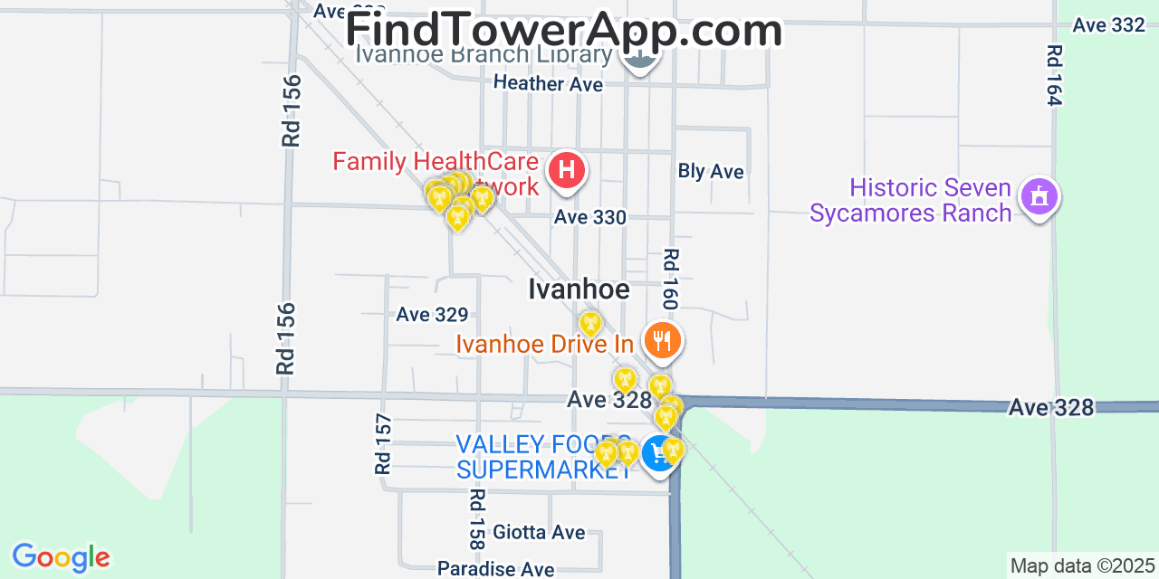 Map showing the 20 primary cell tower locations detected in Ivanhoe, California from AT&T, Verizon, and T-Mobile networks