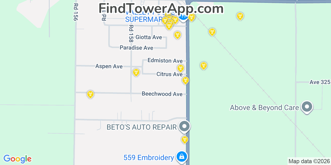 Map showing the 20 primary cell tower locations detected in Ivanhoe, California from AT&T, Verizon, and T-Mobile networks
