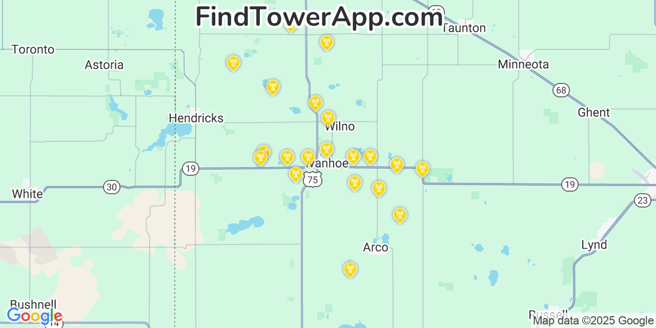 Map showing the 20 primary cell tower locations detected in Ivanhoe, Minnesota from AT&T, Verizon, and T-Mobile networks
