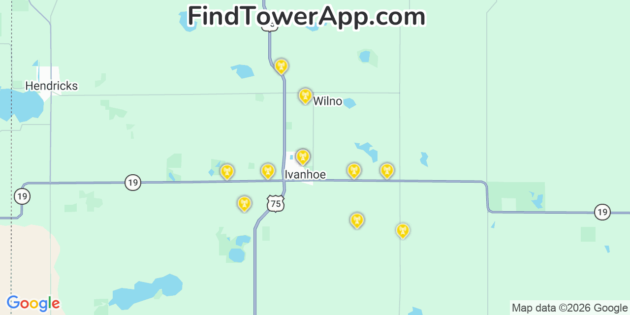 Map showing the 20 primary cell tower locations detected in Ivanhoe, Minnesota from AT&T, Verizon, and T-Mobile networks