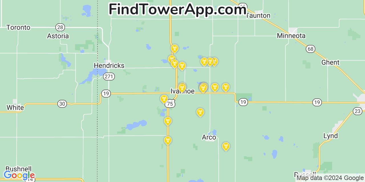 Verizon 4G/5G cell tower coverage map Ivanhoe, Minnesota