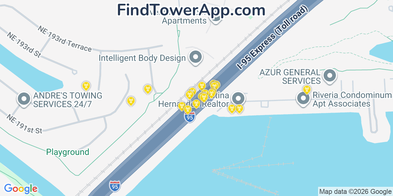 Map showing the 20 primary cell tower locations detected in Ives Estates, Florida from AT&T, Verizon, and T-Mobile networks