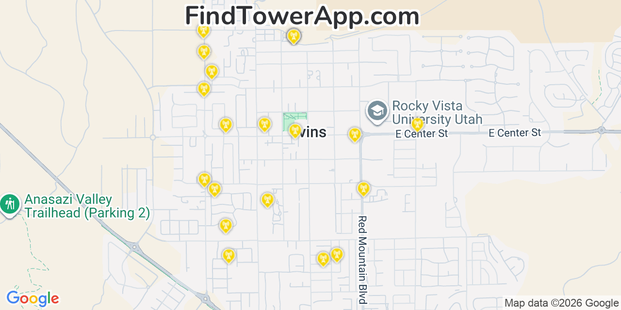 Map showing the 20 primary cell tower locations detected in Ivins, Utah from AT&T, Verizon, and T-Mobile networks