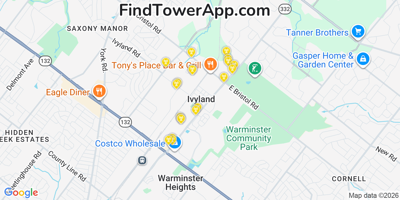 Map showing the 20 primary cell tower locations detected in Ivyland, Pennsylvania from AT&T, Verizon, and T-Mobile networks