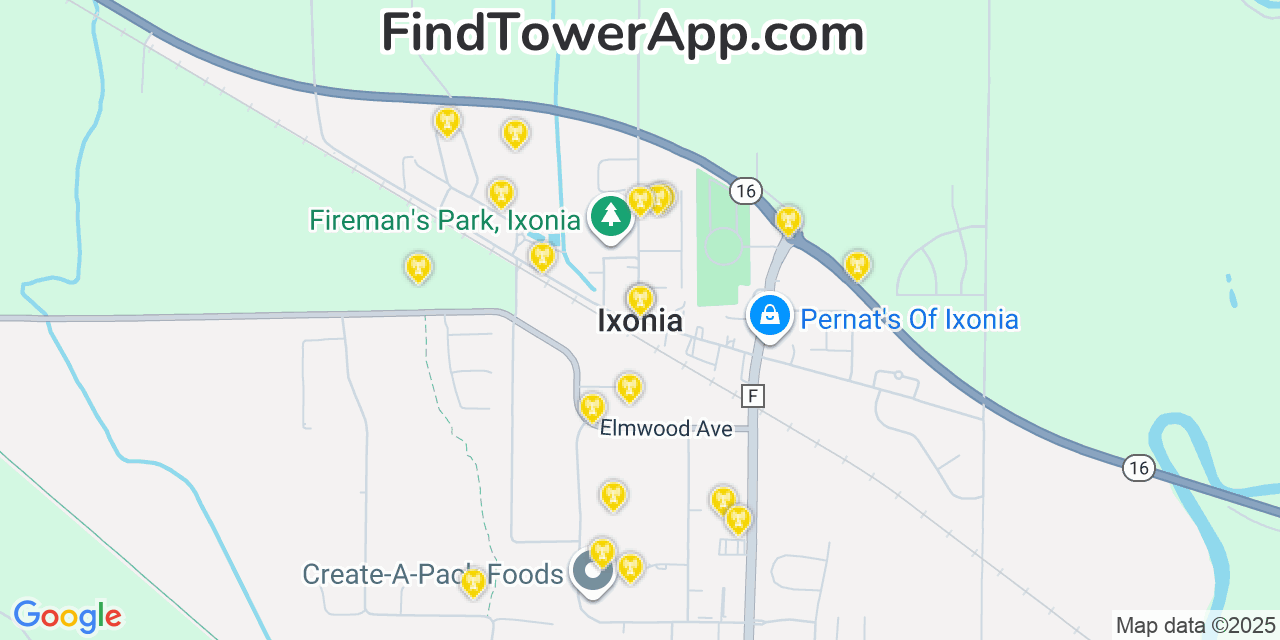 Map showing the 20 primary cell tower locations detected in Ixonia, Wisconsin from AT&T, Verizon, and T-Mobile networks