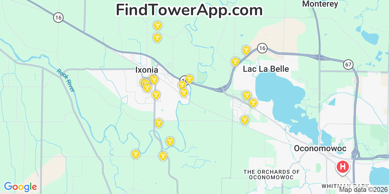 Map showing the 20 primary cell tower locations detected in Ixonia, Wisconsin from AT&T, Verizon, and T-Mobile networks