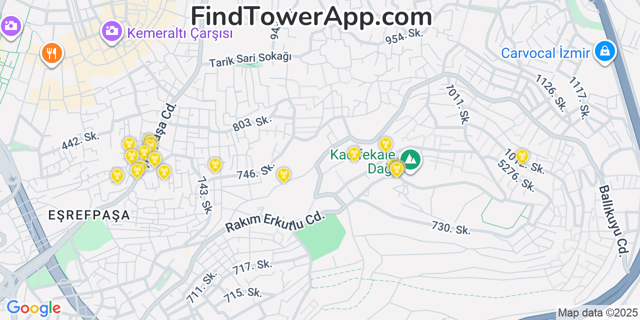 Map showing the 20 primary cell tower locations detected in Izmir, Turkey with coverage areas and signal strength