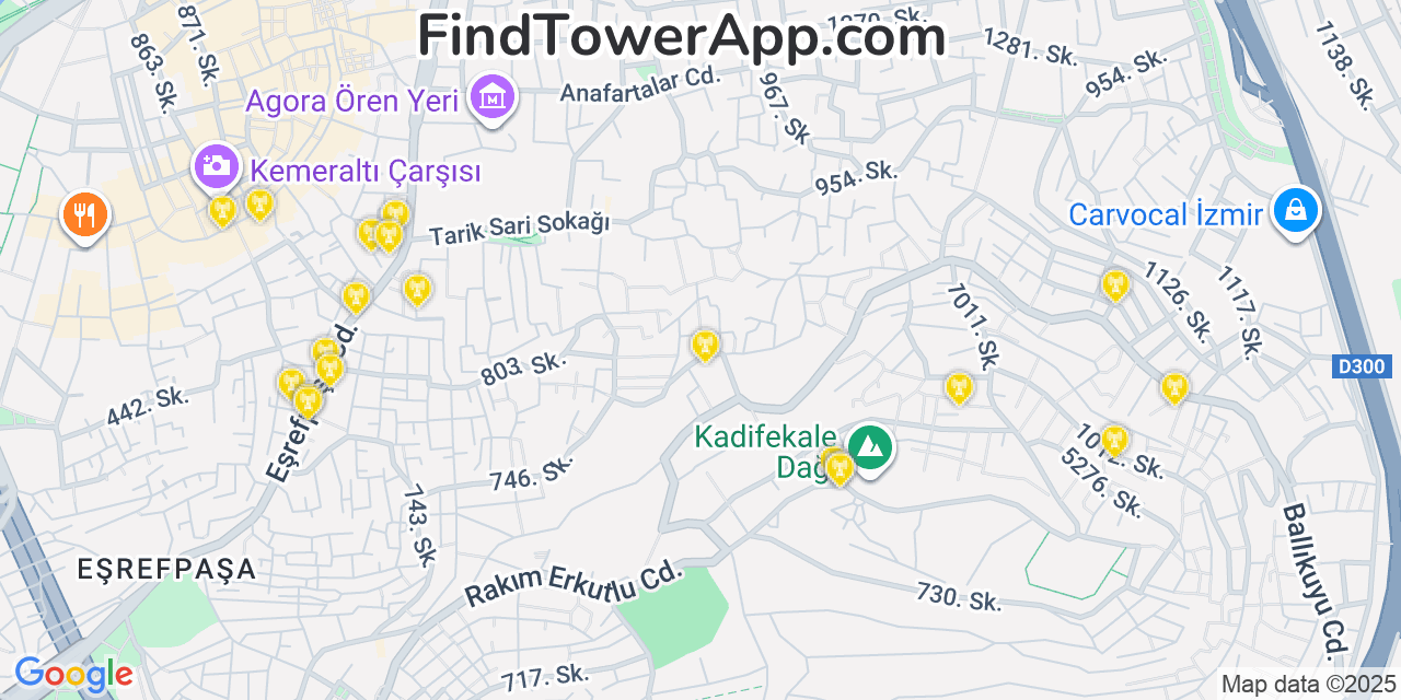 Map showing the 20 primary Türk Telekom cell tower locations in Izmir, Turkey