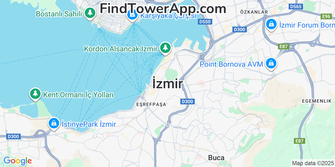 Map showing the 0 primary Vodafone cell tower locations detected in Izmir, Turkey with coverage radius and signal strength indicators